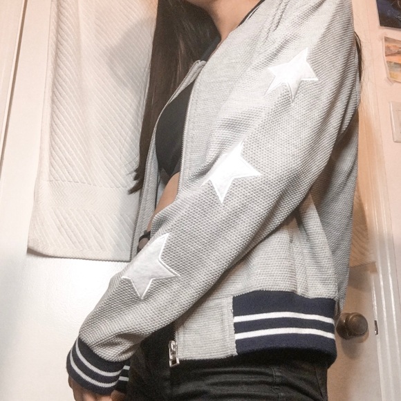 Navy Stripes Star Grey Zip Up Hoodie Sweater - Picture 3 of 7